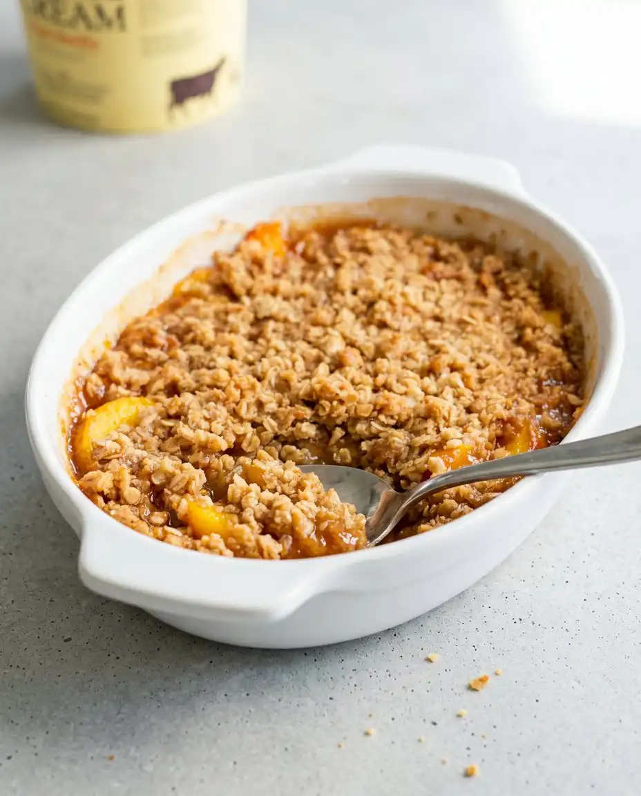 Peach Crisp 16 A serving of Peach Crisp on a plate with a melting scoop of vanilla ice cream.