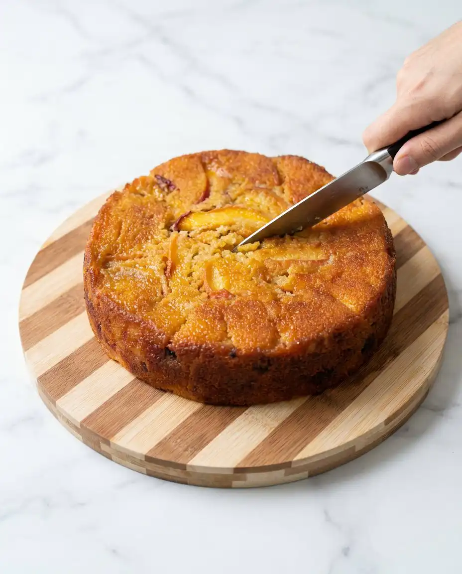 A square of Brown Butter Fresh Peach Cake served on a plate next to a cup of coffee.