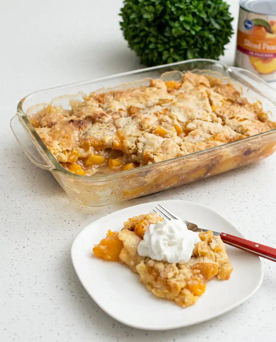 A serving of Canned Peach Dump Cake with Yellow Cake Mix next to a cup of Turkish coffee.