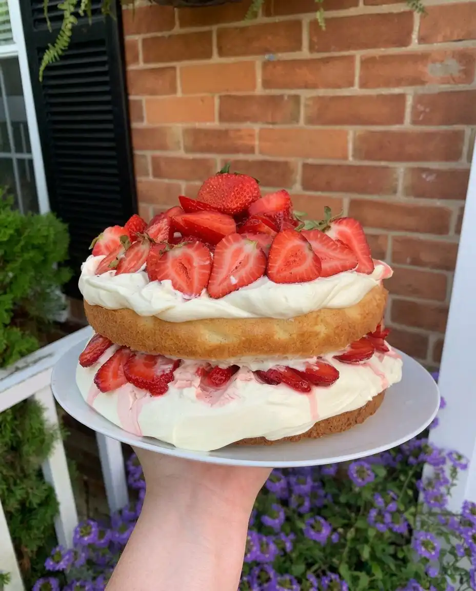 Strawberry ‘Shortcake’ Layer Cake 14 A slice of strawberry shortcake layer cake on a white plate