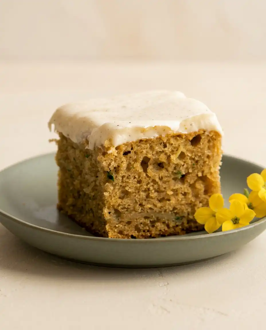 Zucchini Cake 16 A slice of Zucchini Cake served next to a steaming cup of coffee.