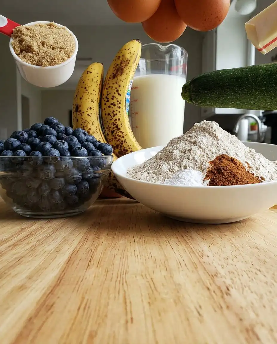 Freshly shredded zucchini in a bowl next to ripe bananas and flour