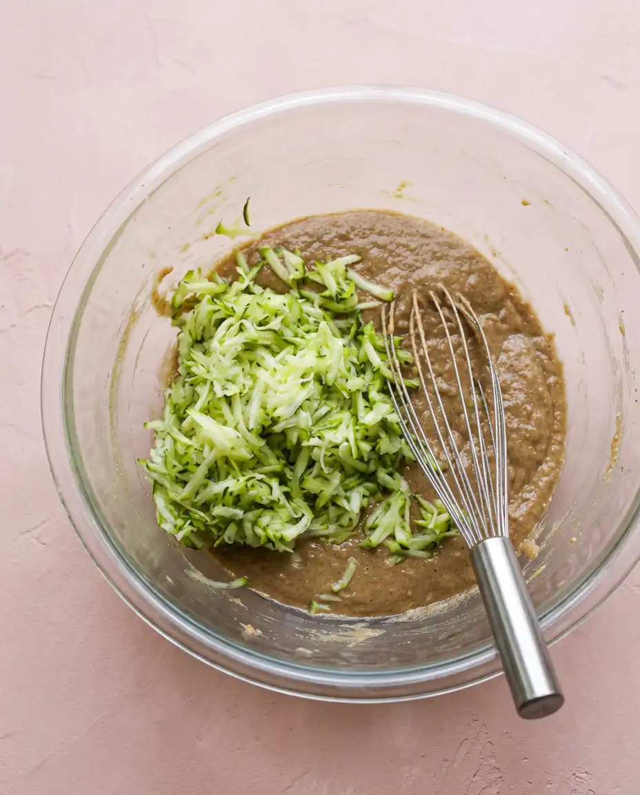 Grated green zucchini ribbons in a bowl ready for the Old-Fashioned Zucchini Cake batter.