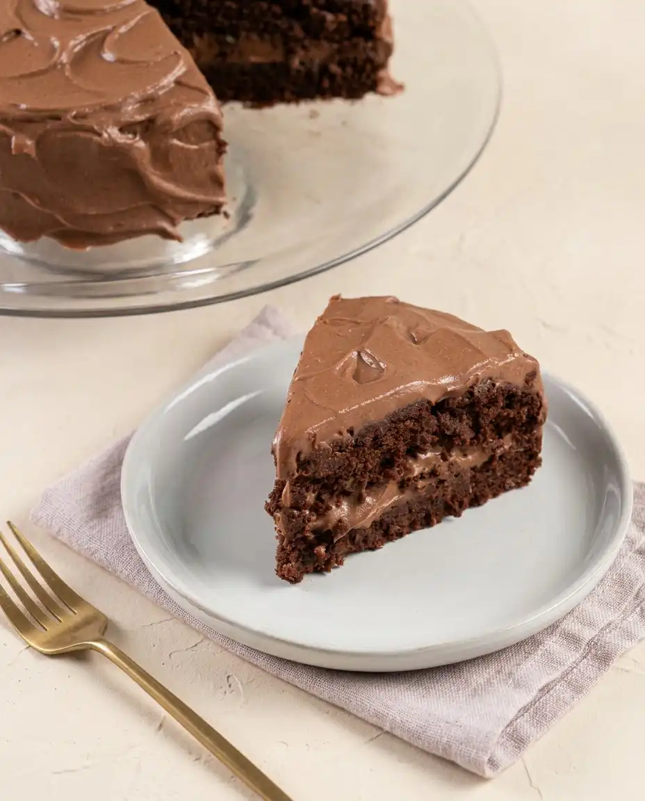 Dairy-Free Chocolate Zucchini Cake 16 A single square slice of Dairy-Free Chocolate Zucchini Cake on a white ceramic plate.