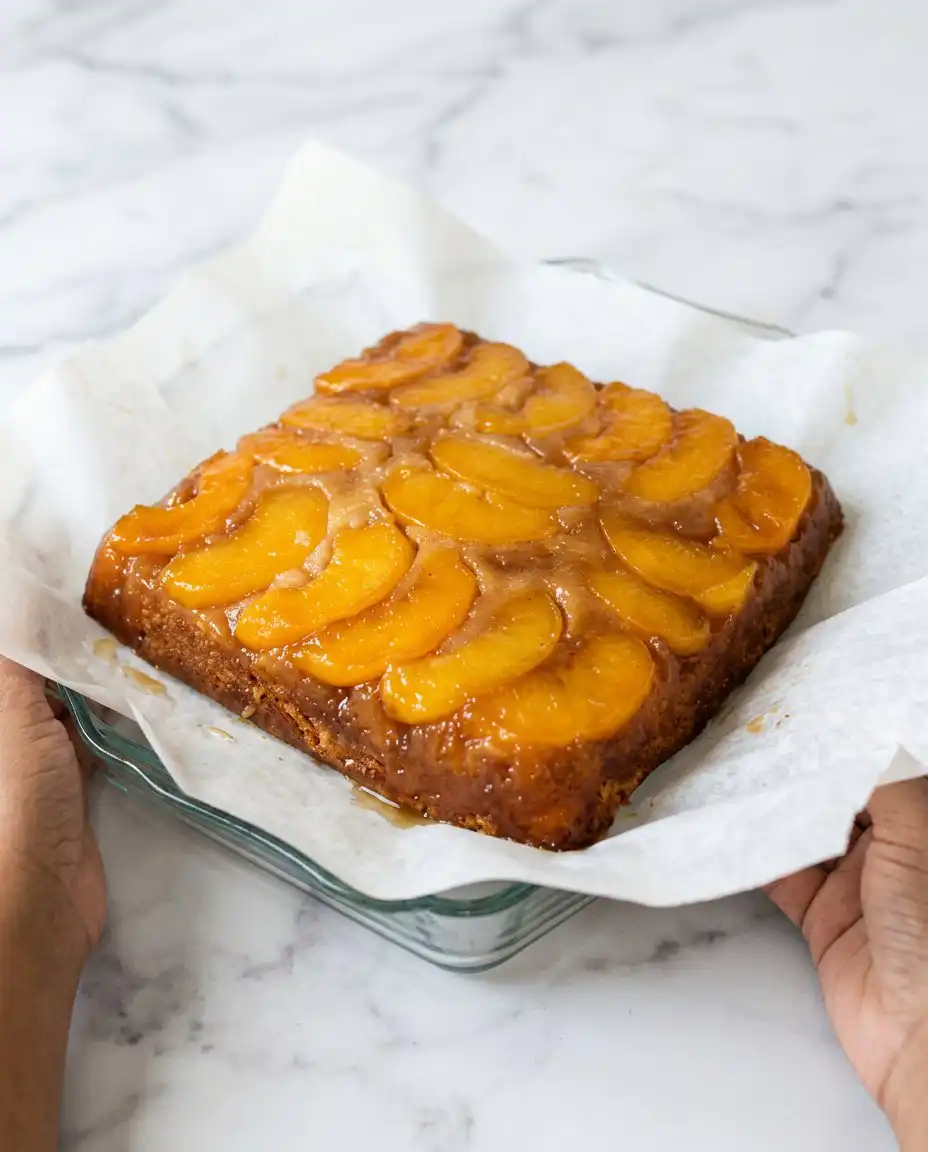 A single slice of Classic Peach Upside Down Cake served with a dollop of cream.