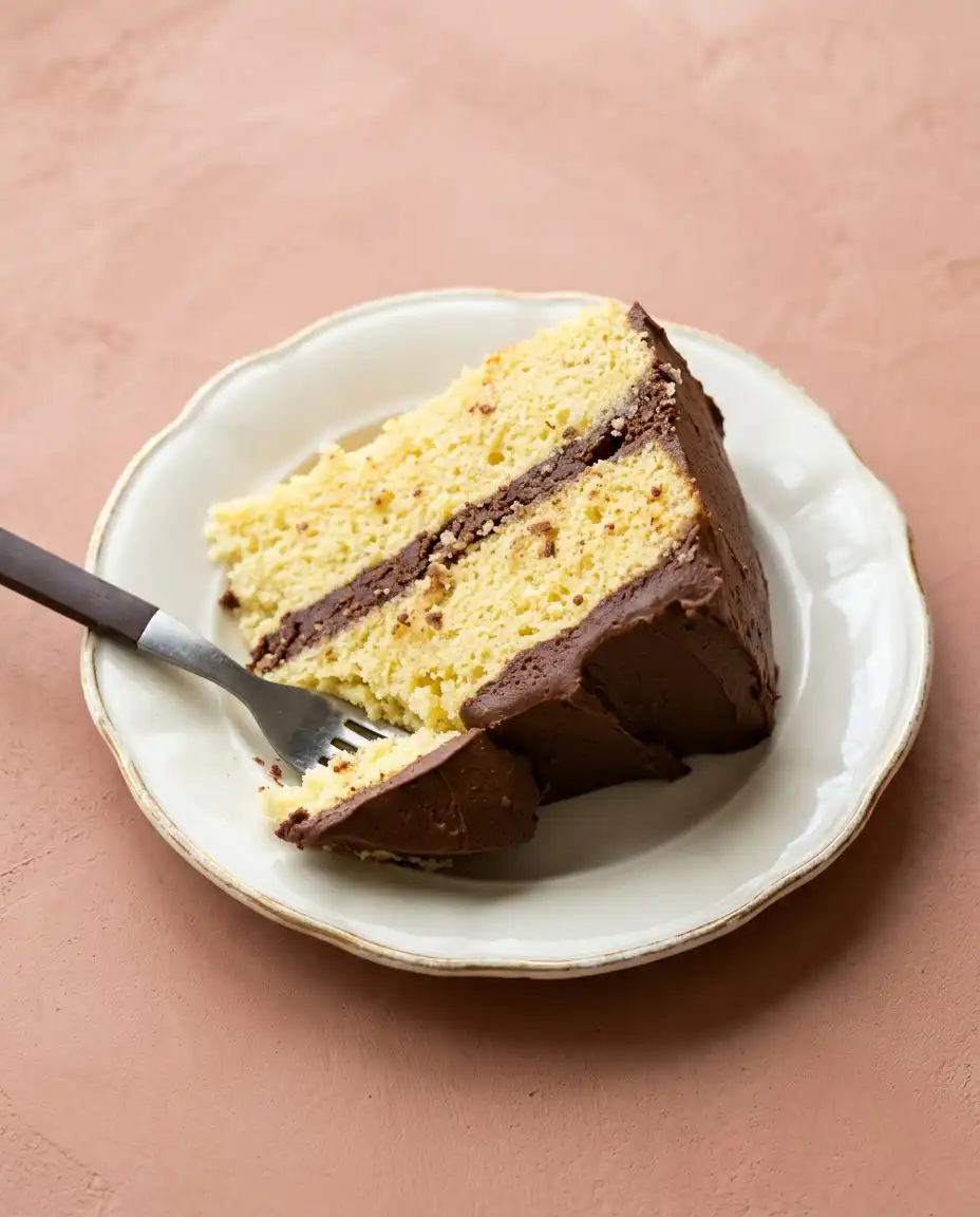 A slice of Classic Two-Layer Yellow Cake with Chocolate Frosting on a plate next to a cup of tea.