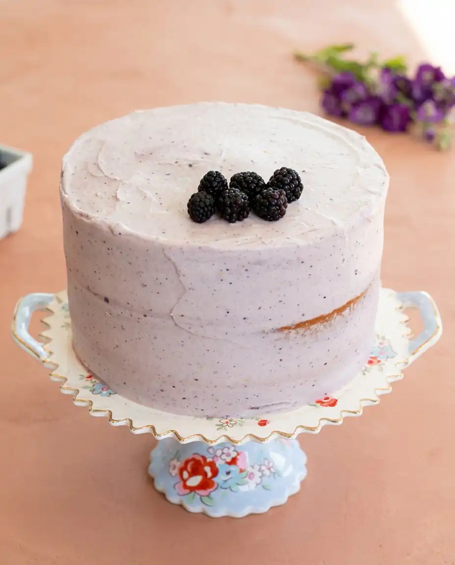 A clean slice of Blackberry Lemon Cake showing the internal berry layers and frosting.