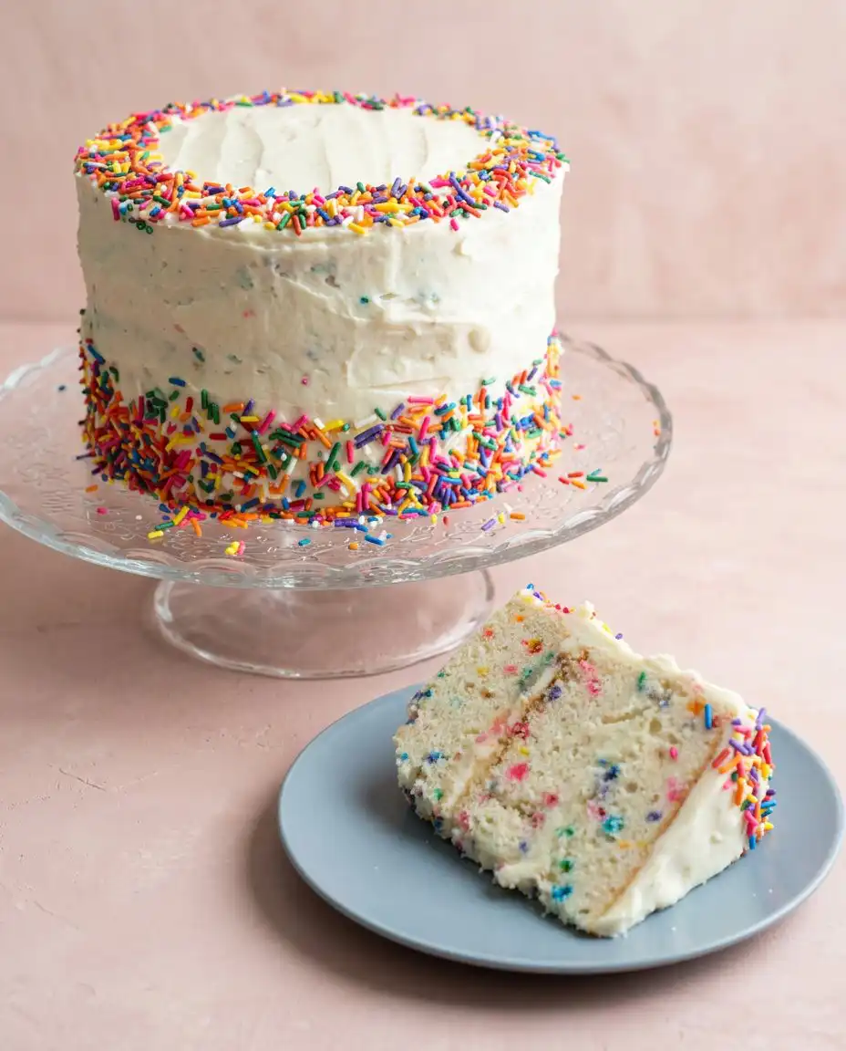 A clean slice of Funfetti Birthday Layer Cake showing the internal sprinkle layers.
