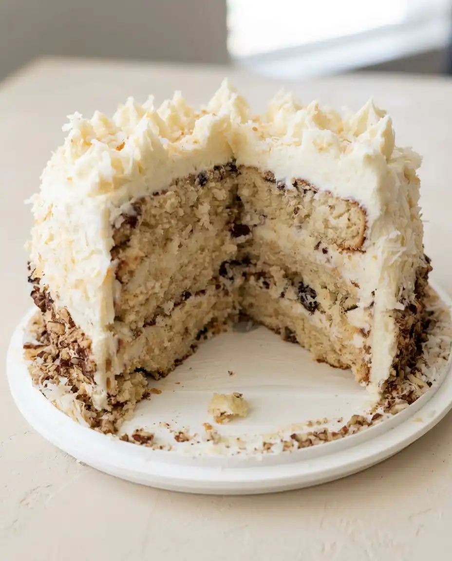 Three-Layer Italian Cream Cake 16 A single slice of Three-Layer Italian Cream Cake showing the coconut and pecan interior.