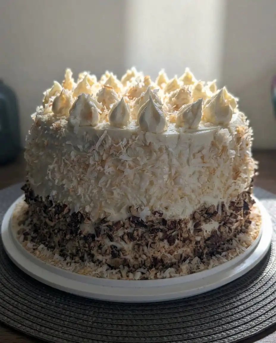 A single slice of italian cream cake showing the moist texture and coconut flakes