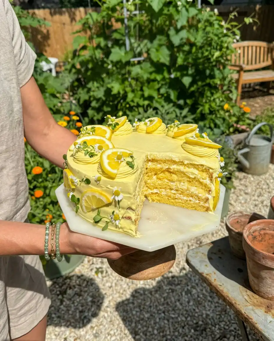 A clean slice of Lemon Chantilly Cake showing four distinct layers