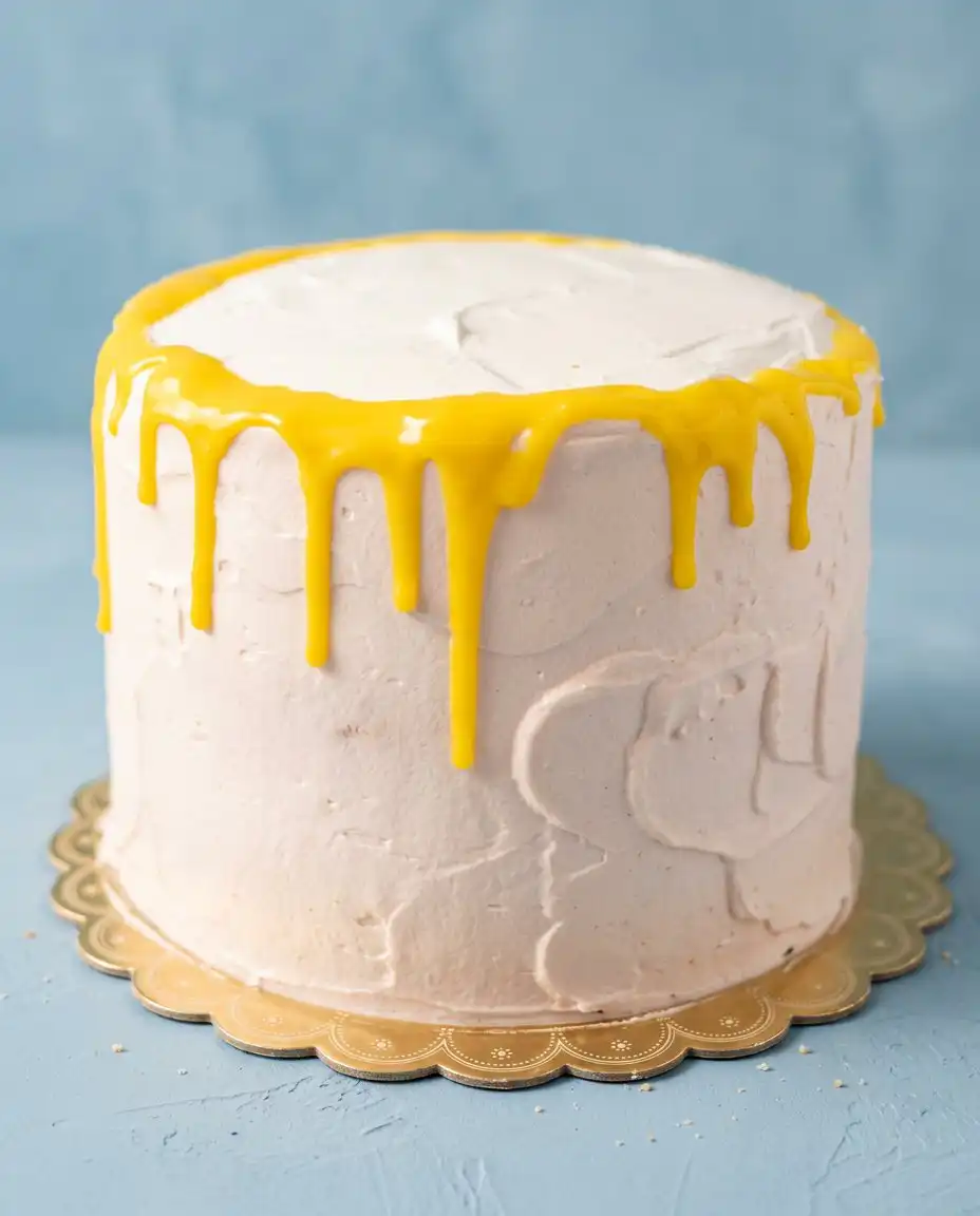 A single wedge of Mango Drip Cake showing the fruit and cream layers inside.