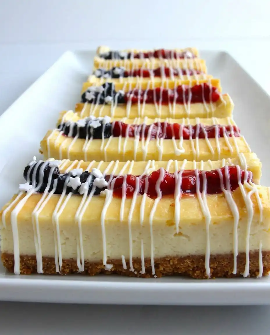 A sliced patriotic cheesecake bar served with a cup of coffee