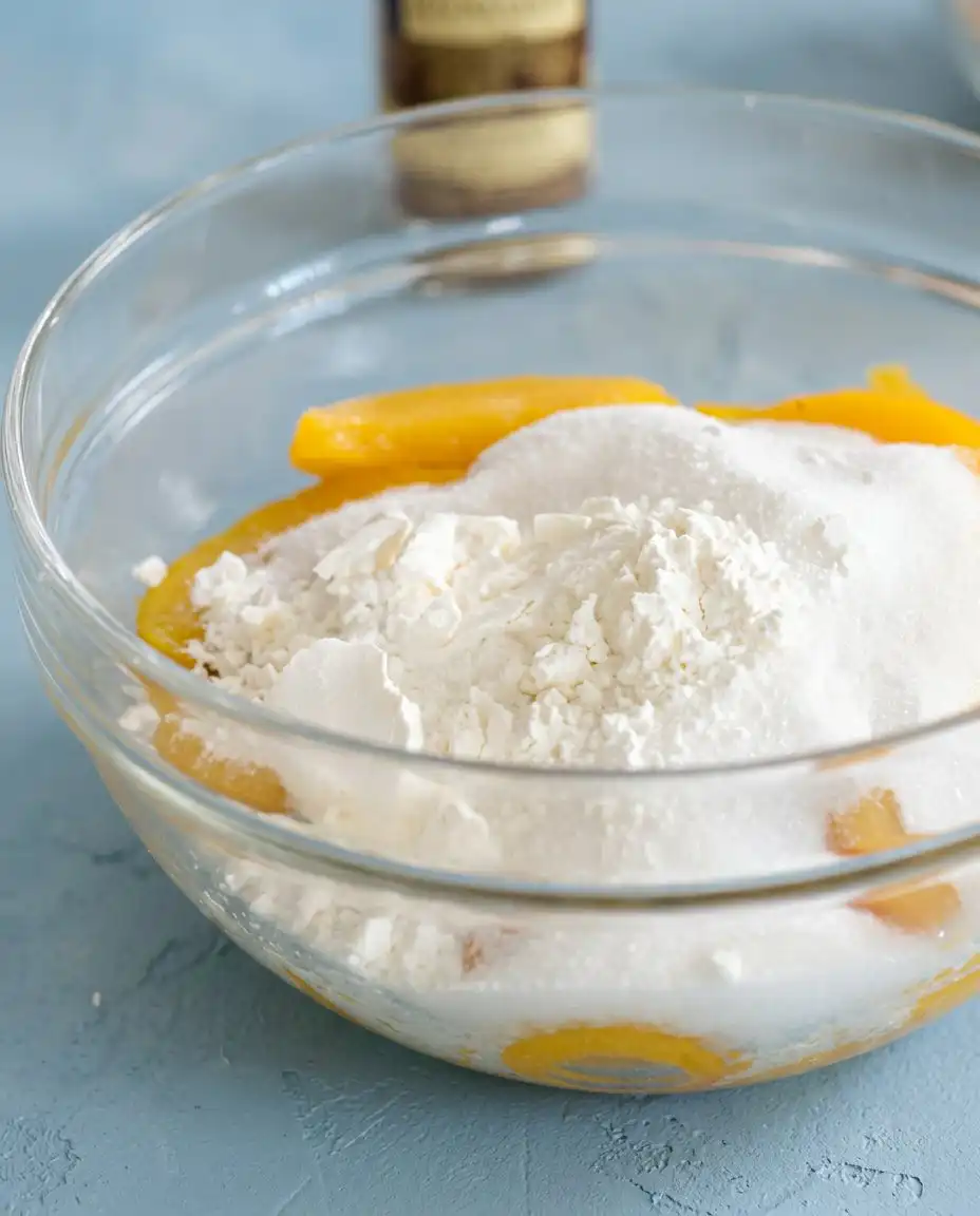 Peach Crisp 14 Ingredients for Peach Crisp including sliced peaches, rolled oats, and brown sugar.