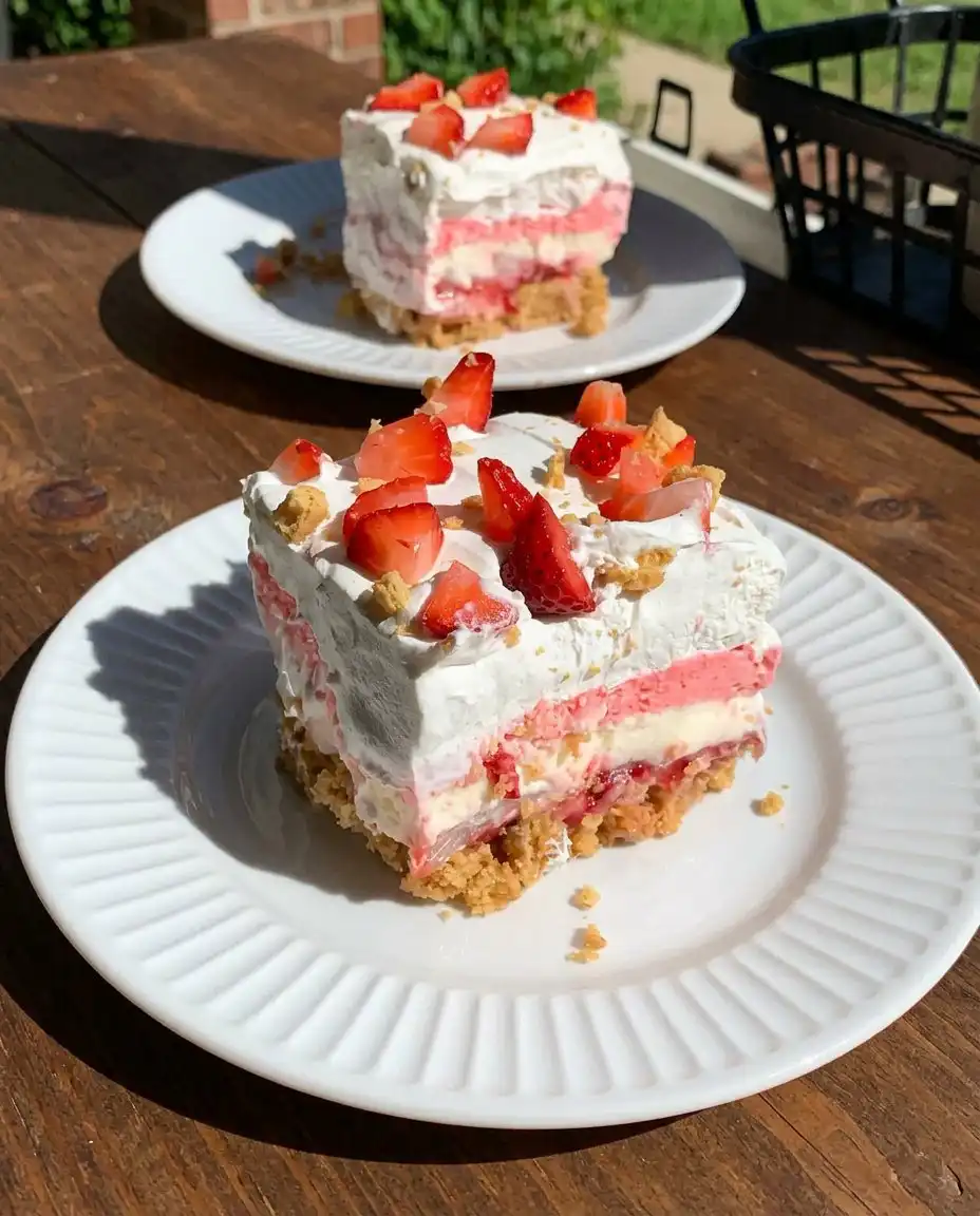 No-Bake Strawberry Dream 14 A clean slice of No-Bake Strawberry Dream on a white plate