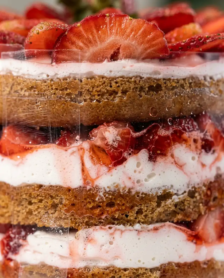 A single slice of Strawberry Vanilla Cake revealing the fruit filled internal layers.