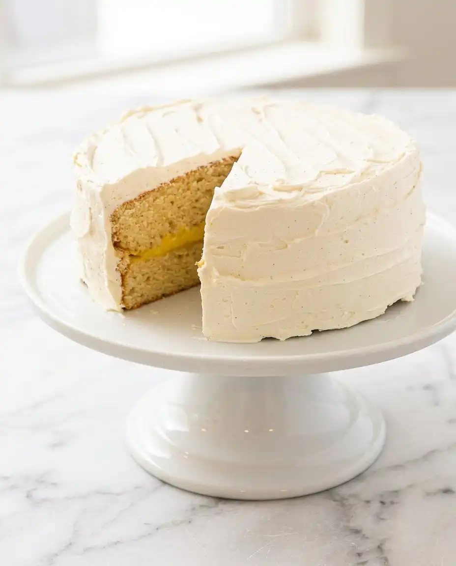 Classic Vanilla Bean Layer Cake 16 An internal view of a Classic Vanilla Bean Layer Cake slice showing the pastry cream layer.