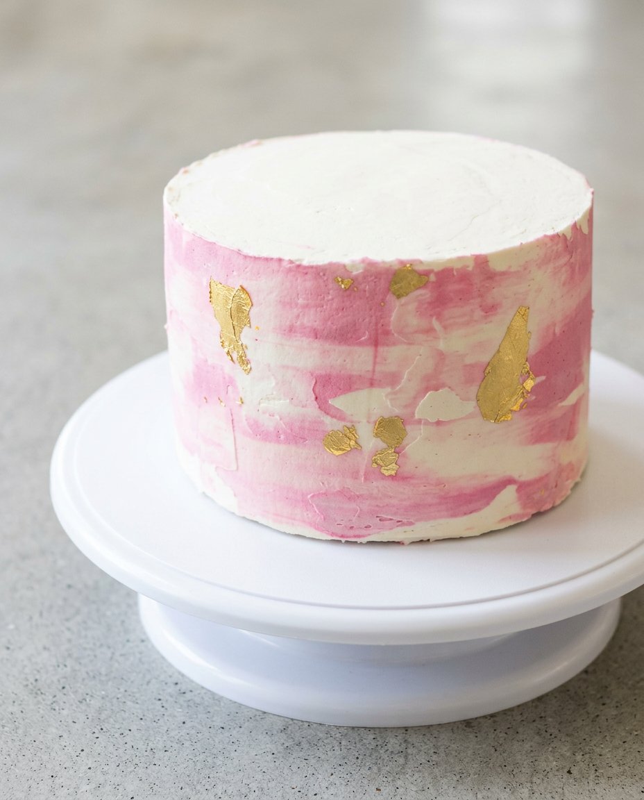 Two-Layer Watercolor Buttercream Cake 16 A clean slice of a Two-Layer Watercolor Buttercream Cake served on a modern plate.