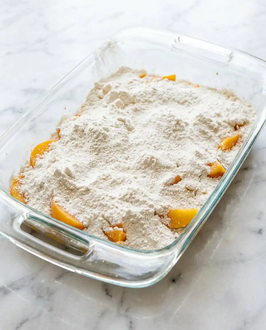 3-Ingredient Peach Cobbler Dump Cake 15 A silver server lifting a tender slice of 3-Ingredient Peach Cobbler Dump Cake from the pan.