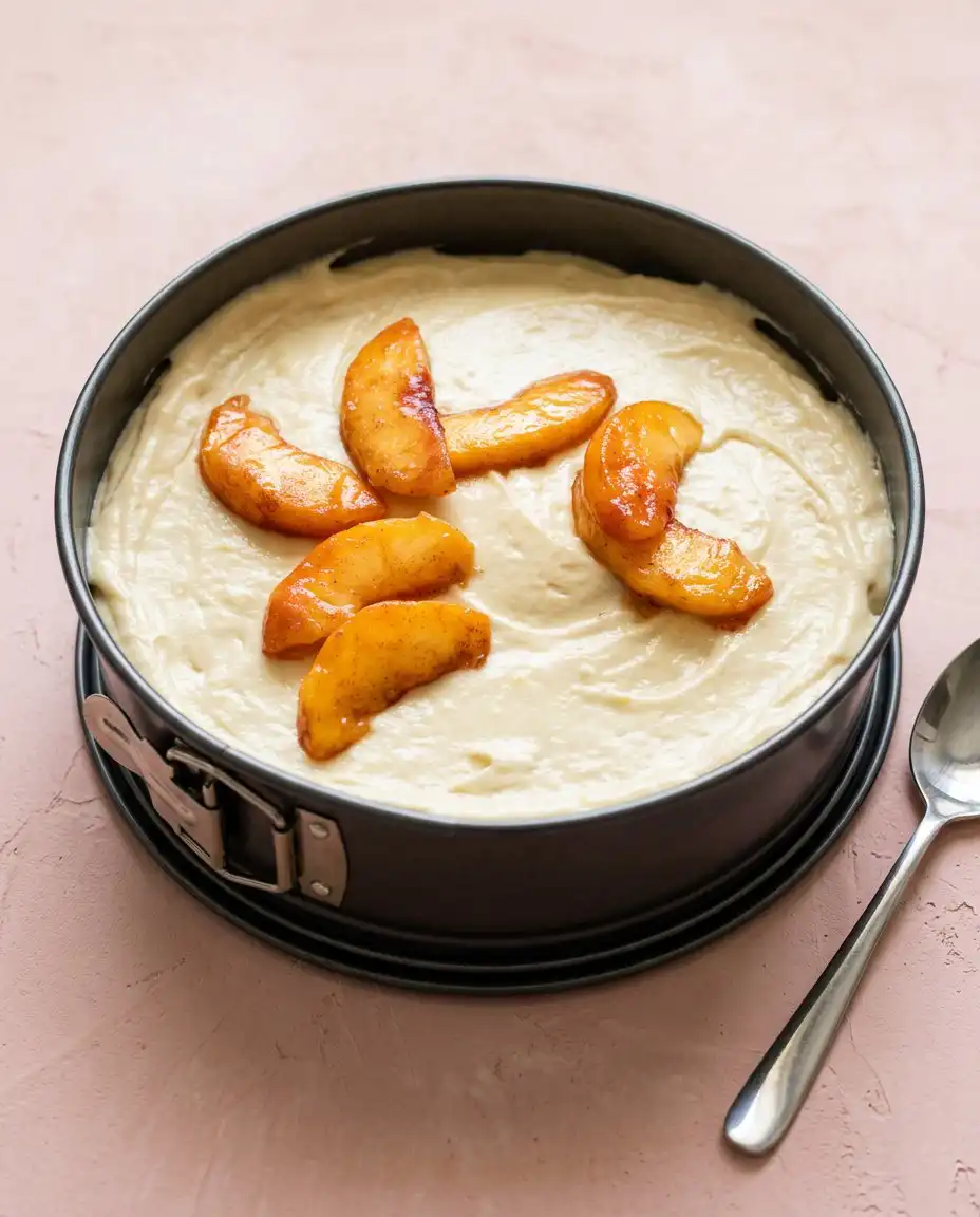 A hand slicing a piece of fresh peach cake to show the moist crumb.