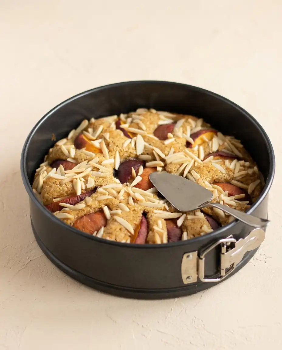 Sour Cream Peach Coffee Cake 12 A freshly baked Sour Cream Peach Coffee Cake in a springform pan showing a golden brown crust.