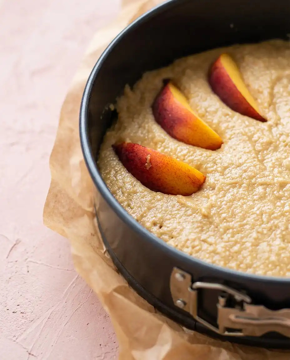Sour Cream Peach Coffee Cake 15 A close up slice of Sour Cream Peach Coffee Cake showing the tender crumb and peach pieces.