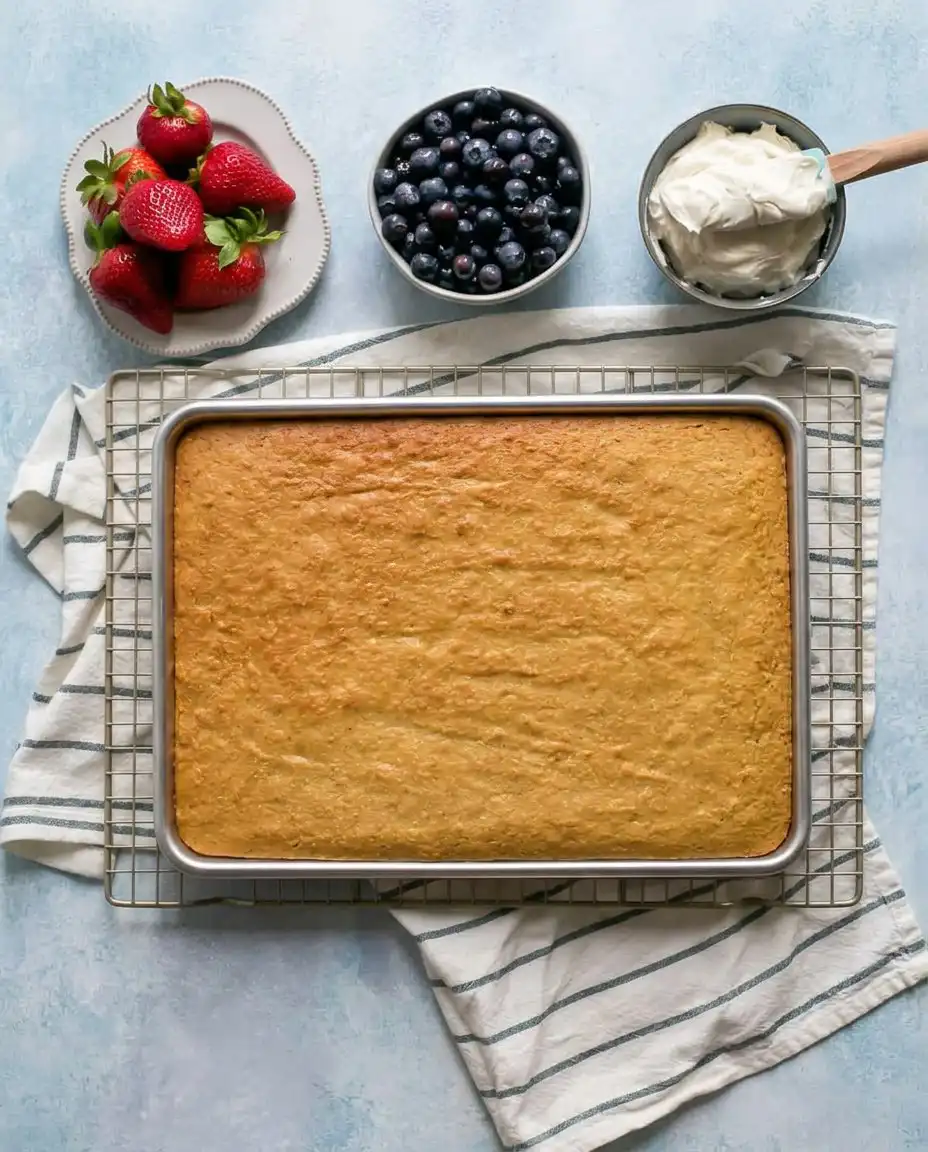 Gluten-Free American Flag Cake 13 A baker spreading smooth, rich vanilla frosting over a completely cooled gluten-free sponge cake.