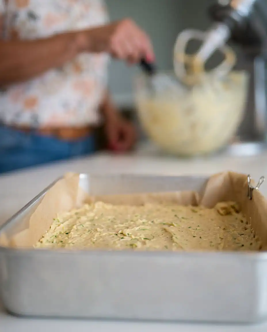 Zucchini Crumb Cake 13 Hand sprinkling buttery cinnamon streusel over zucchini cake batter in a pan