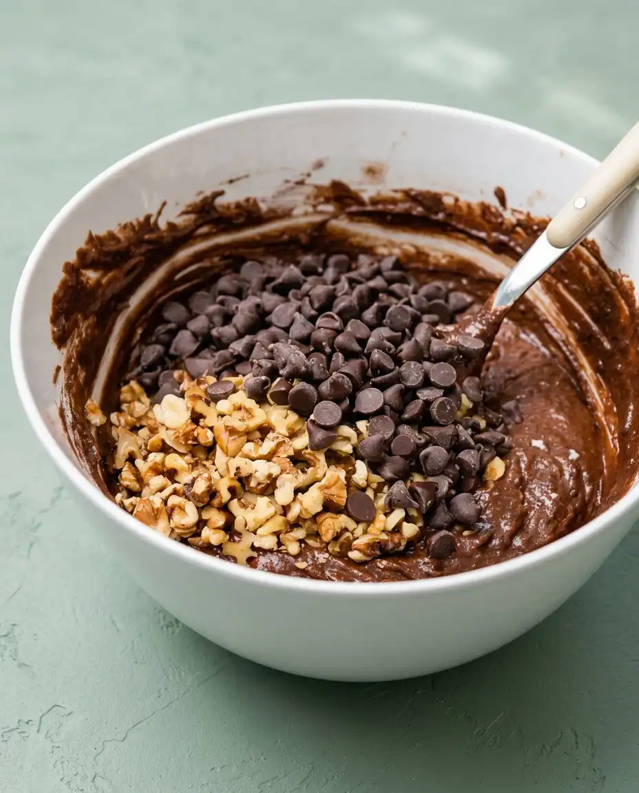 Old-Fashioned Chocolate Zucchini Cake 15 A wooden spoon stirring the batter for an Old-Fashioned Chocolate Zucchini Cake.