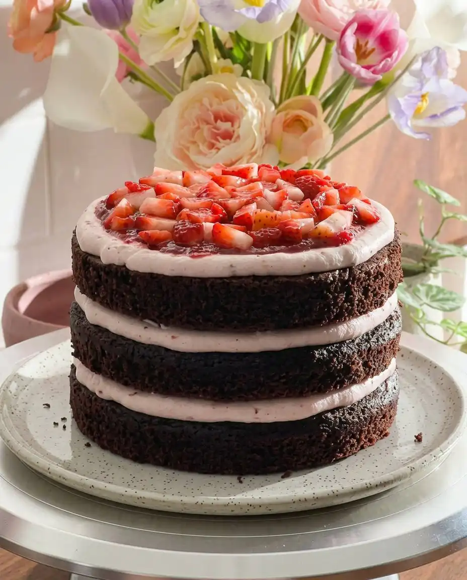 Strawberry Chocolate Cake 13 Close up of pink strawberry frosting being swirled on a chocolate cake