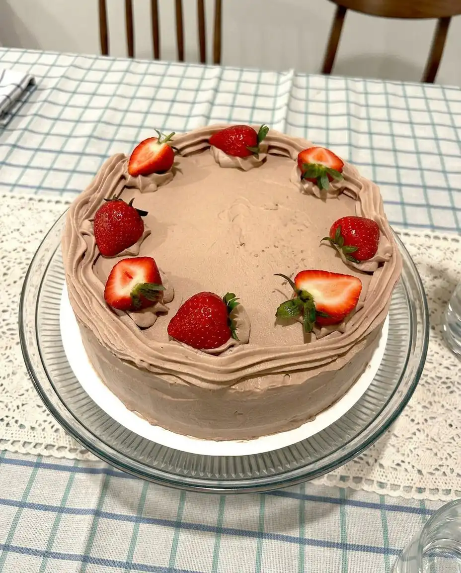 Strawberry Chocolate Cake 14 A slice of strawberry chocolate cake showing the internal layers and jam