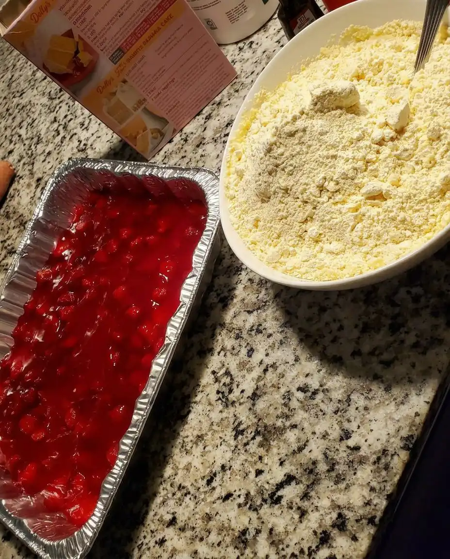 A close up of the strawberry glaze being stirred in a saucepan to show its thick glossy texture.
