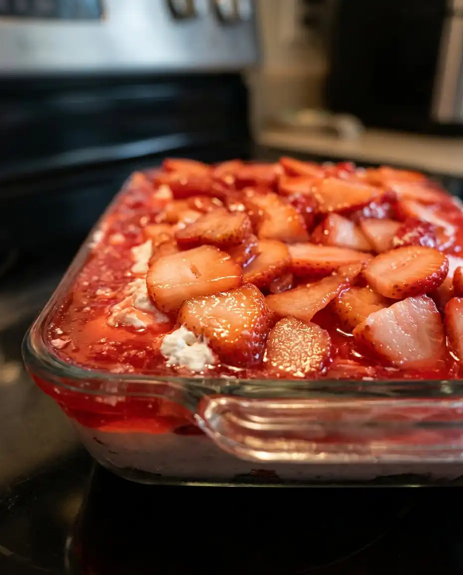 A single square slice of Strawberry Heaven served on a white plate with a sprig of mint.