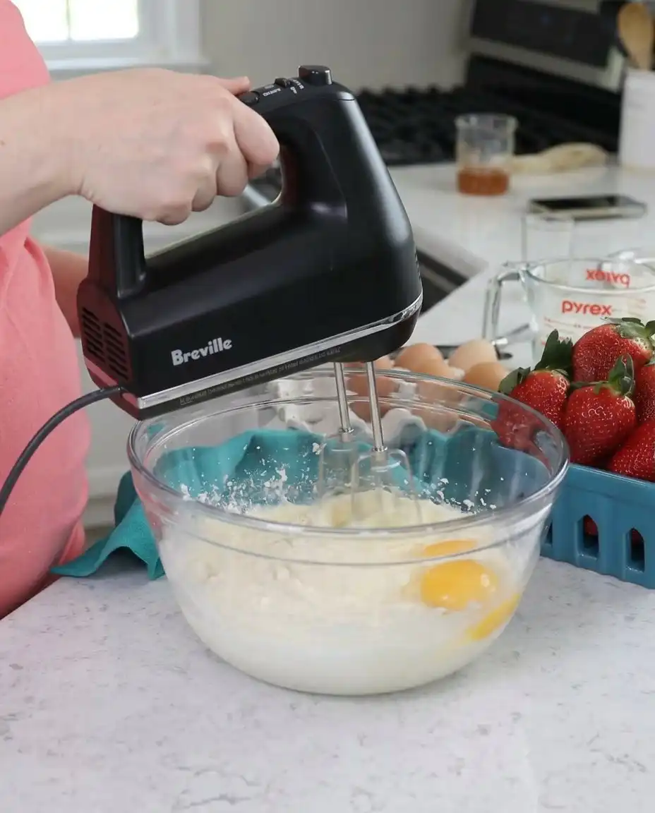 Strawberry Shortcake Cake 12 Measured ingredients for a Strawberry Shortcake Cake including flour, strawberries, and heavy cream.