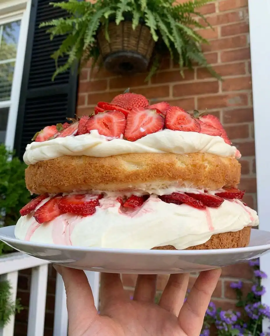 Strawberry ‘Shortcake’ Layer Cake 10 A tall Strawberry ‘Shortcake’ Layer Cake with whipped cream and fresh berries