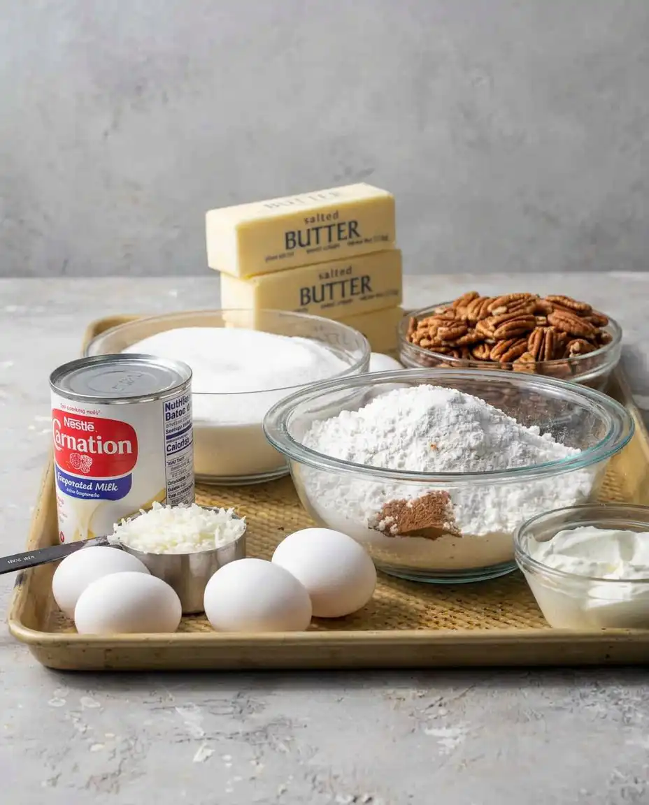 Ingredients for chocolate caramel toffee crunch cake including cake mix, caramel, and toffee bars.