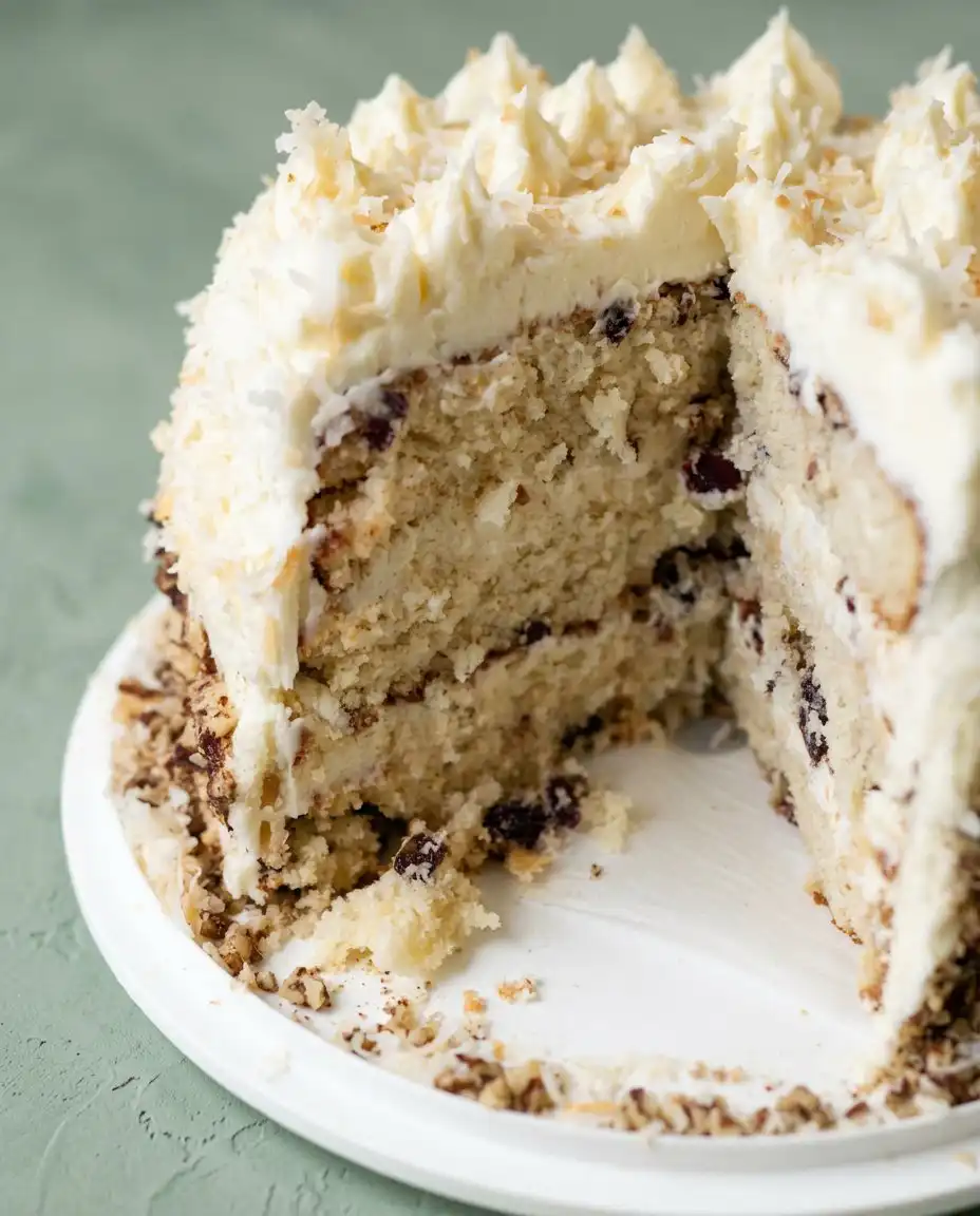 Three-Layer Italian Cream Cake 12 A tall Three-Layer Italian Cream Cake with smooth cream cheese frosting on a white stand.