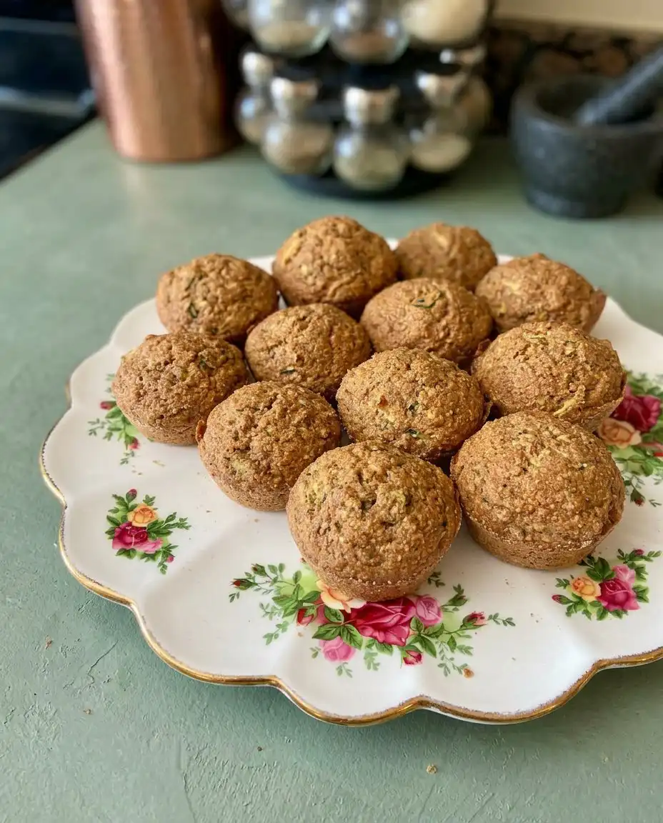 A warm Banana Zucchini Muffins 2 split open with a pat of melting butter on a ceramic plate.