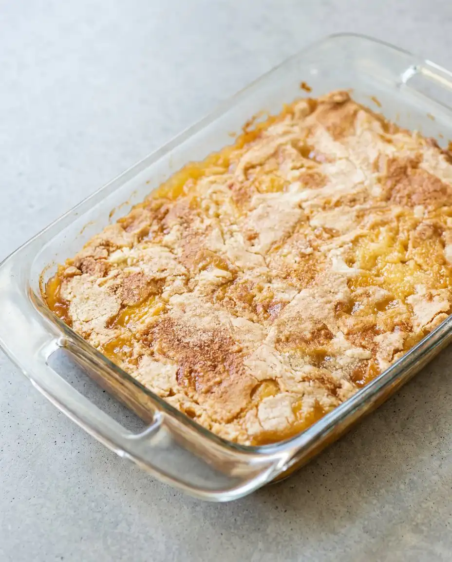 3-Ingredient Peach Cobbler Dump Cake 16 A bowl of warm 3-Ingredient Peach Cobbler Dump Cake topped with a melting scoop of cold vanilla cream.