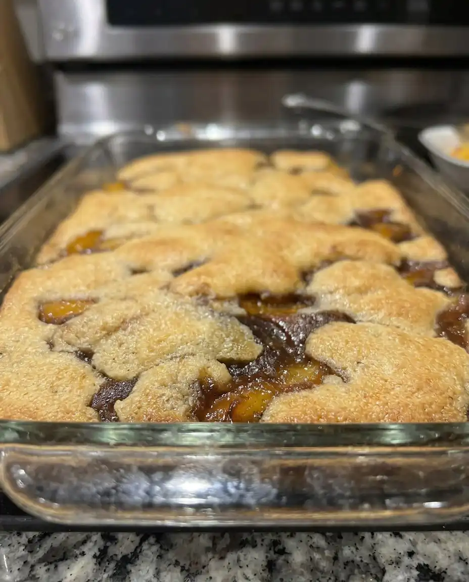 A bowl of warm slow cooker peach cobbler topped with melting vanilla ice cream