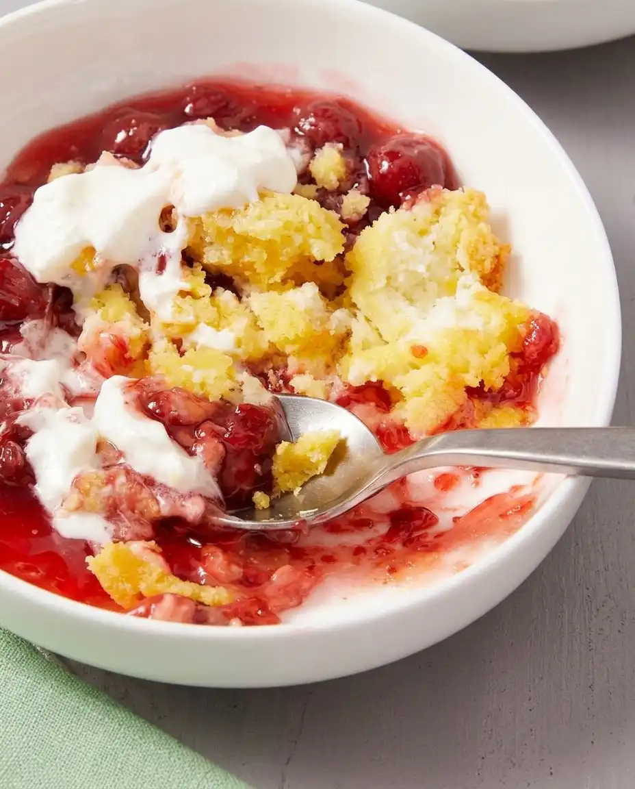 Strawberry cheesecake dump cake served in a bowl with whipped cream