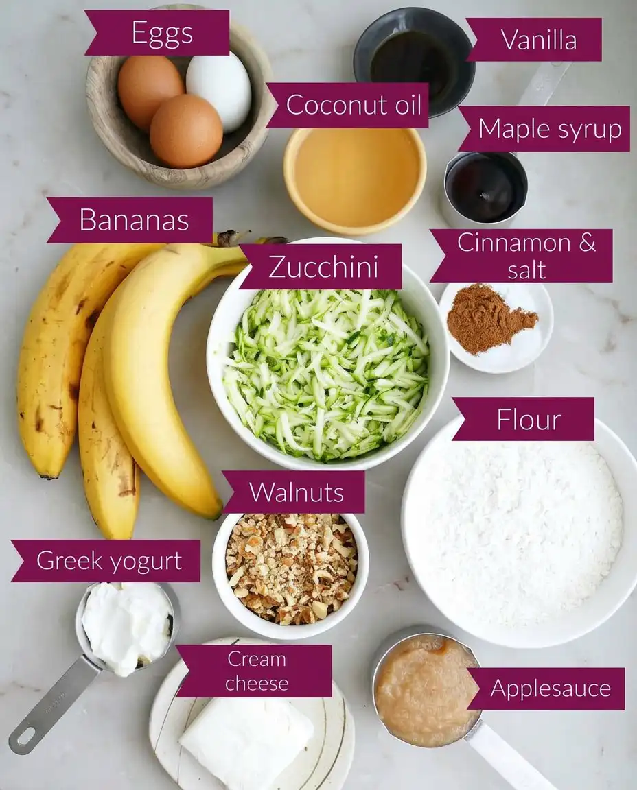 Ingredients for zucchini banana cake including grated zucchini mashed bananas and flour