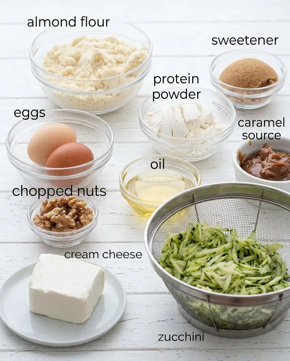Ingredients for zucchini bars including shredded zucchini flour oil and brown sugar