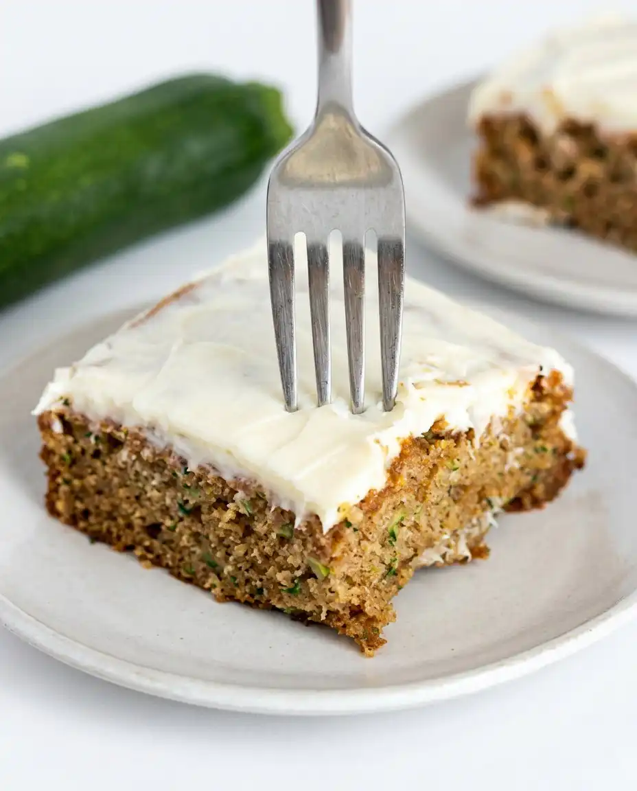 Classic Zucchini Cake with Cream Cheese Frosting served with a cup of hot coffee.