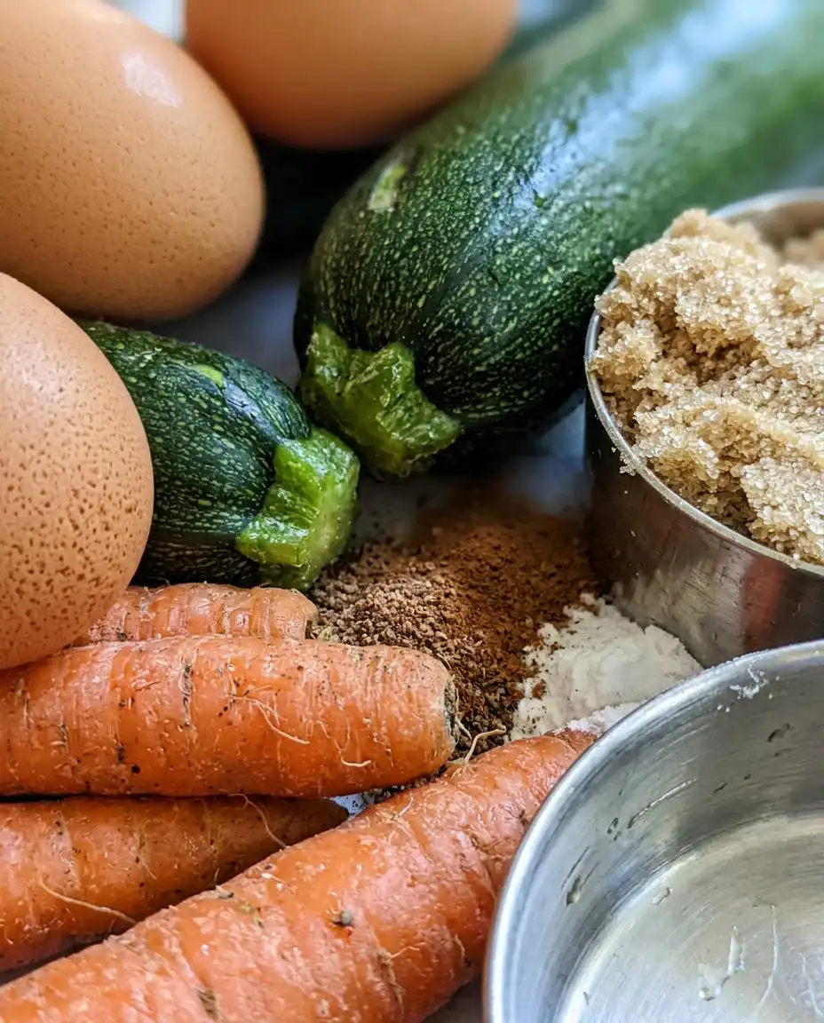 Carrot Cake Zucchini Muffins 12 Shredded carrots and zucchini next to coconut oil and spices on a kitchen counter