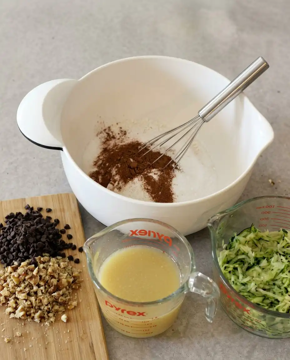 Ingredients for Chocolate Chip Zucchini Muffins including shredded zucchini and chocolate chips.