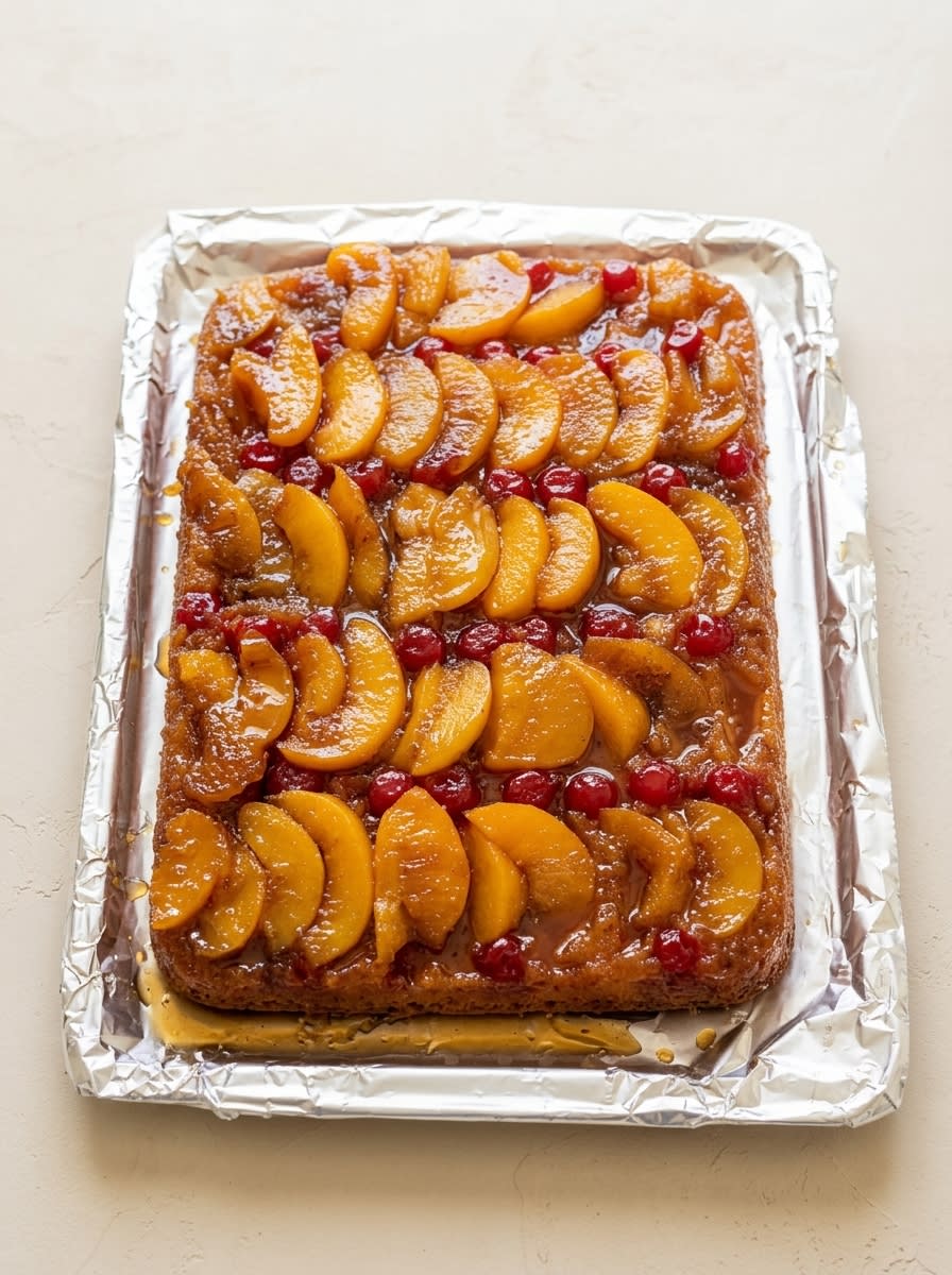 Peach Upside Down Cake with White Box Cake Mix 16 A tender slice of Peach Upside Down Cake with White Box Cake Mix served next to Turkish coffee.