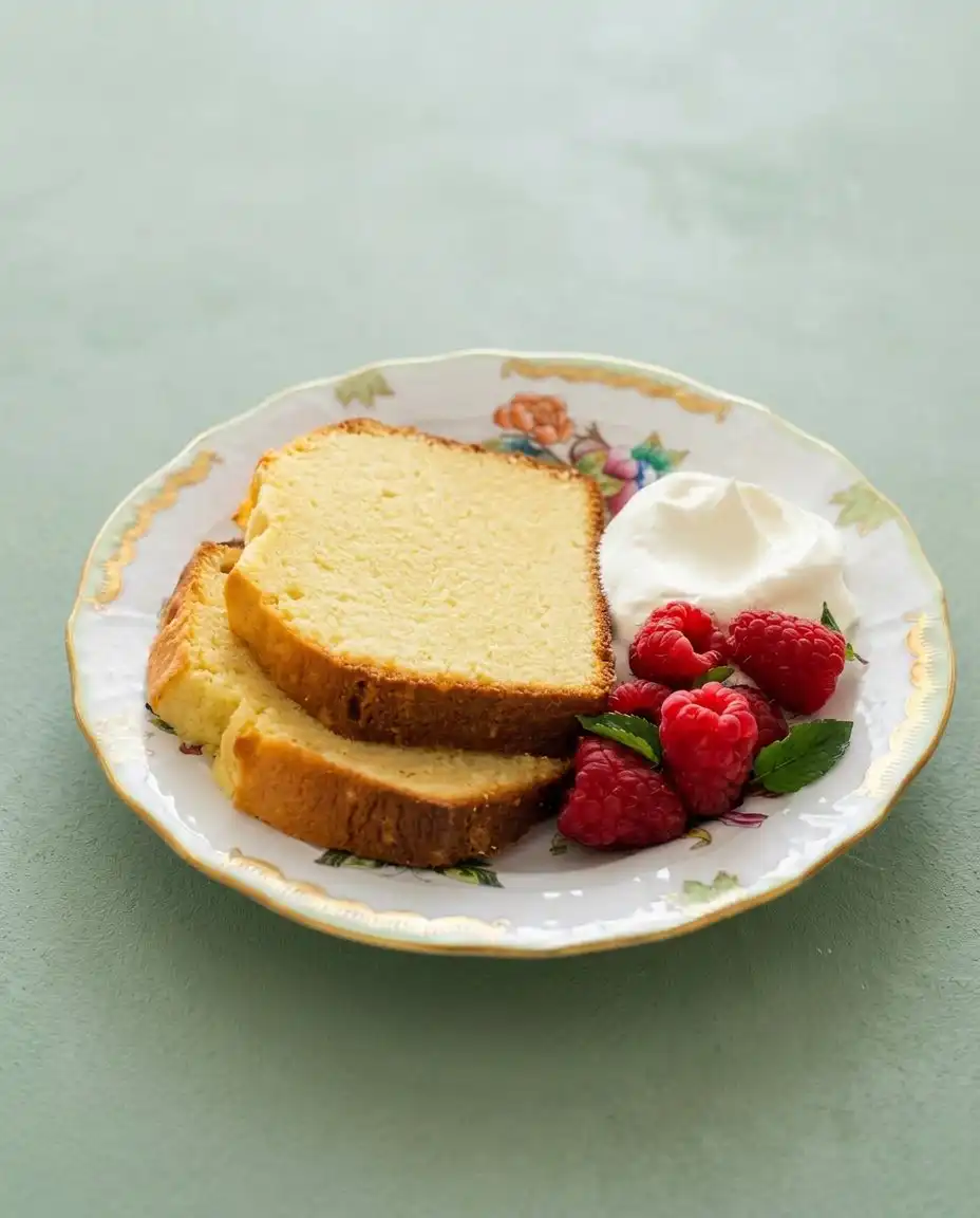 Classic Pound Cake 16 A thick slice of Classic Pound Cake served on a ceramic plate next to a cup of Turkish coffee