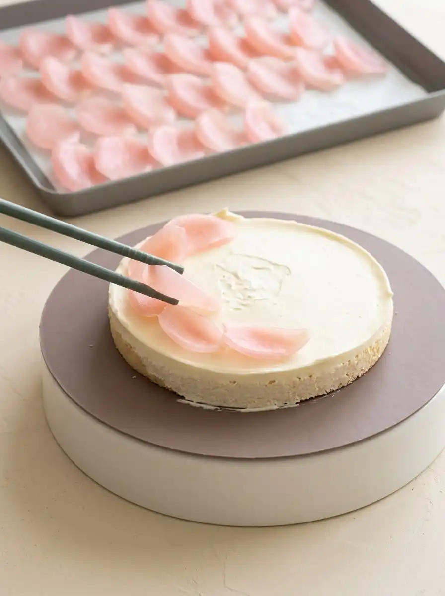 An offset spatula smoothing pink and pastel orange buttercream to create the Peach Watercolor Cake Design