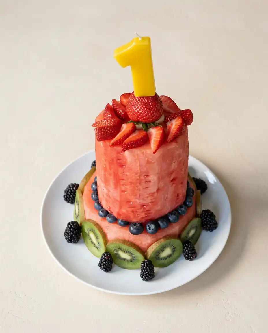 An infant smiling while playing with Baby's First Watermelon Yogurt Cake.